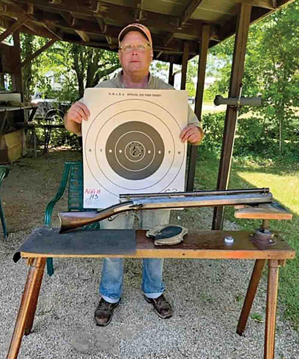 Bill Brown and his match-winning target shot with his .56 caliber side-hammer H.V. Perry rifle.